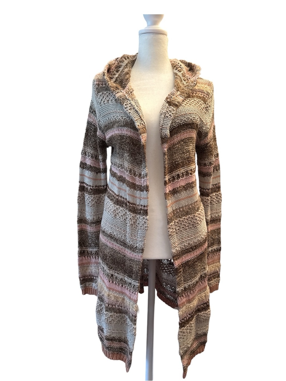 American Rag Striped Open-Front Hooded Cardigan in Beige, Brown & Pink